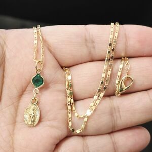 Elegant Gold Necklace with Green Pendant for Kids